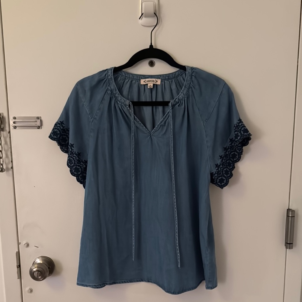 Women's Blue Top with Lace Sleeves